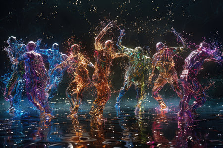 Colorful dance group on dark background. Mixed media. 3D renderingの素材
