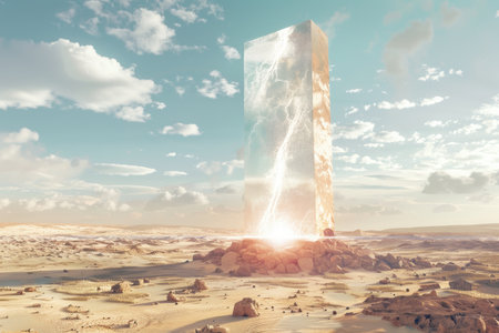 A desert landscape with a towering, levitating monolith made of pulsating energy. 8k, high resolution, high detailed. --ar 3:2 --v 6 Job ID: a3b317cd-28c8-4ba1-9efd-3cf880dc5881の素材