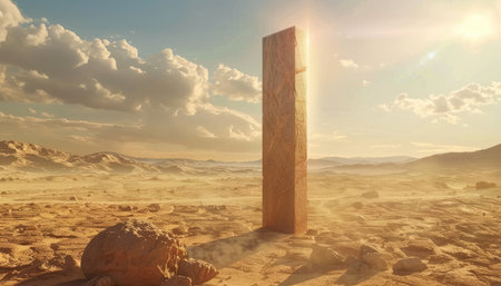 Stone cross in the desert. 3D render. Conceptual image.の素材