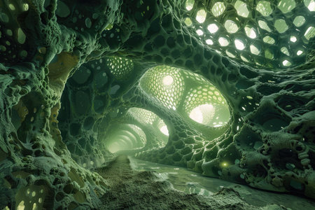 A vast, interconnected network of tunnels and chambers carved from living rock, inhabited by strange, luminous creatures. 8k, high resolution, high detailed. --ar 3:2 --v 6 Job ID: 4b588084-bad7-4ffa-a6f4-7224590abf08の素材