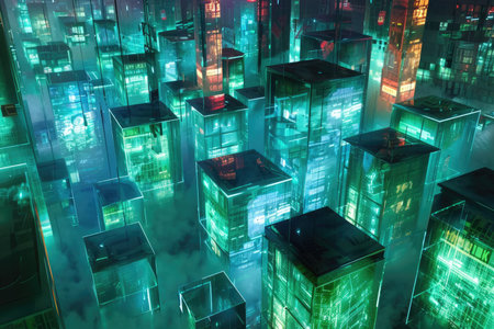 A maze-like city made of translucent, glowing cubes, with neon lights and holographic advertisements everywhere. 8k, high resolution, high detailed. --ar 3:2 --v 6 Job ID: 9be44970-01d6-4790-b640-41342516e059の素材