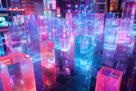 A maze-like city made of translucent, glowing cubes, with neon lights and holographic advertisements everywhere. 8k, high resolution, high detailed. --ar 3:2 --v 6 Job ID: 2e2afb19-d231-4fbd-ac2a-6a68bd721871の素材