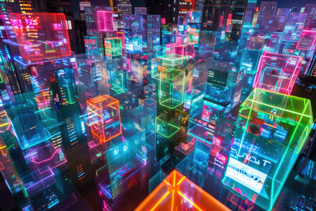 Futuristic cityscape with glowing neon squares. 3D renderingの素材