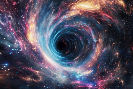 A vortex of neon colors spiraling out of a black hole, surrounded by a galaxy of sparkling stars. 8k . --ar 3:2 --v 6 Job ID: 50eb335f-1db1-45b5-8c14-3c508d9c1a82の素材
