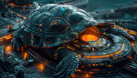3D rendering of a cyber space ship with a turtle in the foregroundの素材