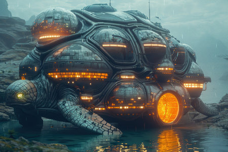 3D CG rendering of space ship in the sea with neon lightsの素材