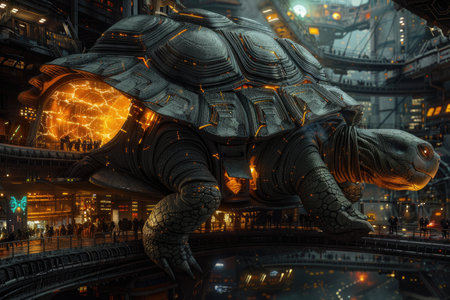 3D rendering of a giant tortoise in a steampunk cityの素材