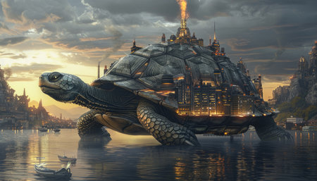 Turtle in front of Dresden, Germany. 3D rendering.の素材