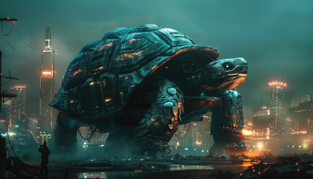 Turtle in the city at night. 3d rendering and illustration.の素材