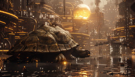 3d rendering of a tortoise in the middle of the cityの素材