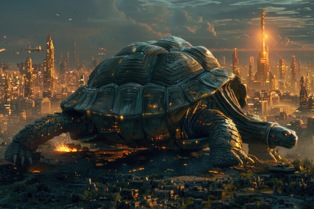 Turtle in the city at sunset. 3d rendering. Computer digital drawing.の素材