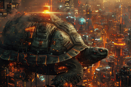 3D rendering of a giant tortoise on a city background.の素材