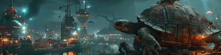 Turtle in the city at night, panoramic view.の素材