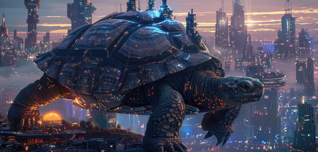 Turtle on the background of the night city. 3d renderingの素材