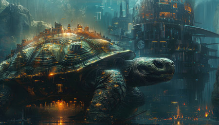 Tortoise in the steampunk world. 3D rendering.の素材