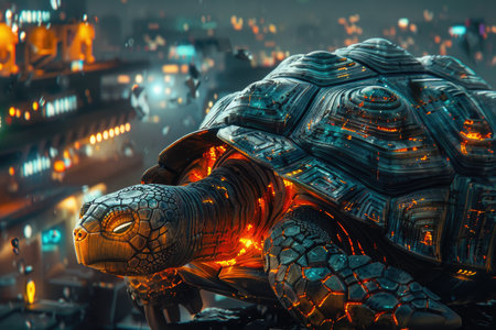 3d rendering of a giant tortoise in front of the night cityの素材