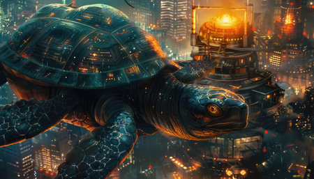 3D rendering of a giant tortoise in a futuristic city.の素材