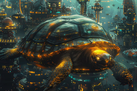 3D rendering of a turtle in front of a futuristic background.の素材