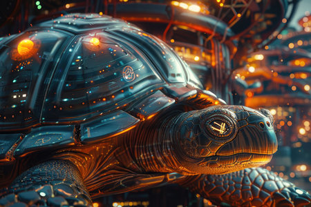 3D rendering of a sea turtle in a futuristic city at nightの素材