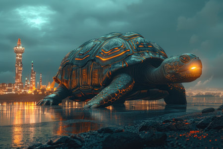 3D rendering of a big turtle in front of a mosque.の素材