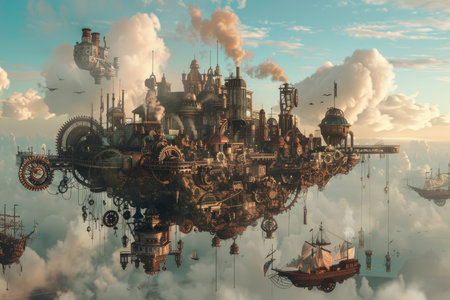 Fantasy landscape with old ship. 3D illustration. Vintage style.の素材