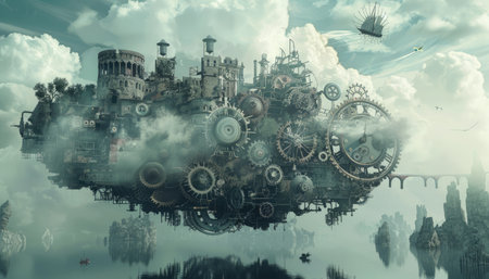 Fantasy landscape with 3D illustration of the ruins of an old castleの素材