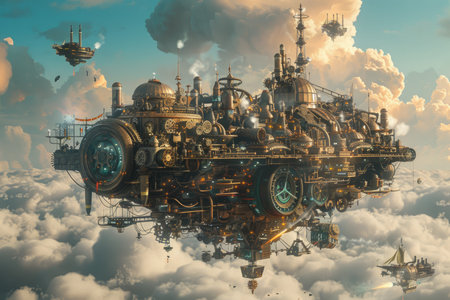 Fantasy alien planet floating in the clouds. 3D illustration.の素材