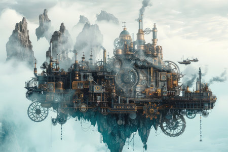 3D Illustration of a Industrial Landscape with Refinery and Steamboatの素材