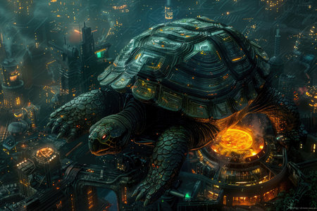 3D rendering of a tortoise in a futuristic city with neon lights.の素材