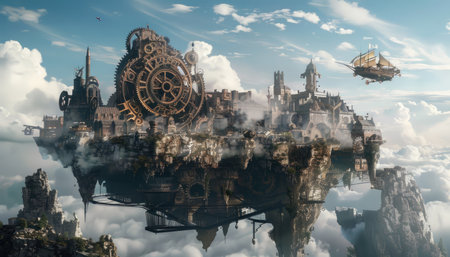 Fantasy landscape with ancient buildings and a ship. 3D renderingの素材