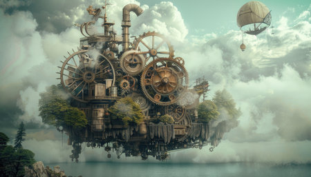 Fantasy landscape with steam punk mechanism. 3d render illustration.の素材