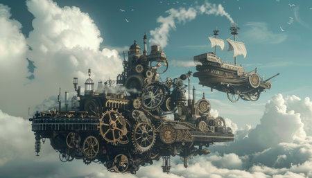 3D illustration of a fantasy ship in the clouds. 3D rendering.の素材