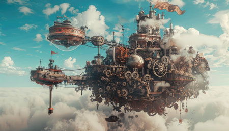 Futuristic spaceship flying above the clouds. 3d illustration.の素材