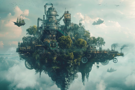 Fantasy landscape with a steam locomotive floating in the water.の素材