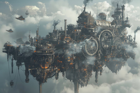 Refinery in the mist. 3D illustration. Elements of this image furnished by NASAの素材