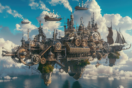 Fantasy Landscape with a fantasy ship.3D Renderingの素材