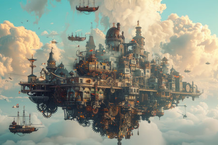 Fantasy Landscape with a fantasy city in the clouds. 3d renderingの素材