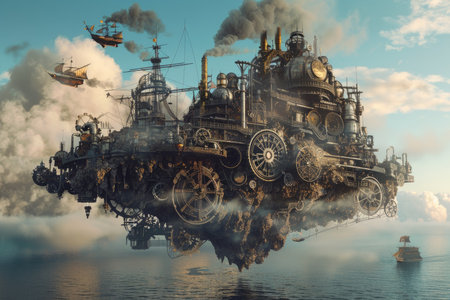 Fantasy landscape with old steam locomotive. 3D illustration.の素材