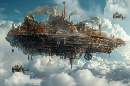 Fantasy landscape with an oil refinery in the clouds. 3d renderingの素材