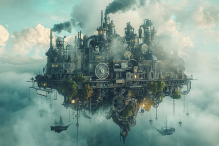 Fantasy landscape with a factory in the clouds. 3d renderingの素材