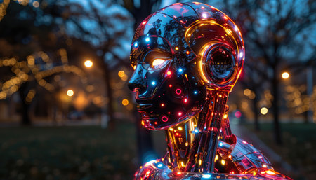 Close-up of a robot head in the park at night. The concept of artificial intelligence.の素材