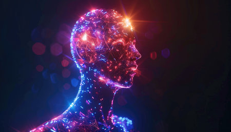 3D rendering of a human head with glowing lines and particles insideの素材