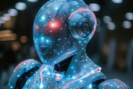 3d rendering humanoid robot with artificial intelligence glowing in the dark.の素材