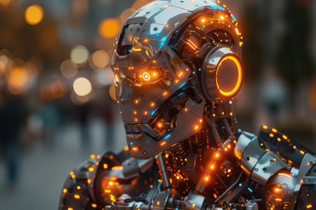 Close-up of futuristic robot head with glowing lights. 3D renderingの素材