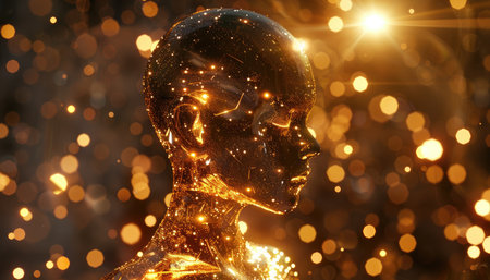 Golden metal woman head with bokeh background. 3d renderingの素材