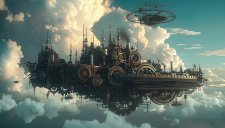 Fantasy alien city in the clouds. 3D illustration. Elements of this image furnished by NASAの素材