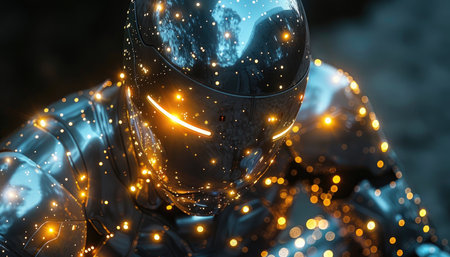3D CG rendering of cyber man with glowing lights on his faceの素材