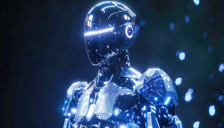 3d rendering humanoid robot cyborg in dark space with glowing lightsの素材