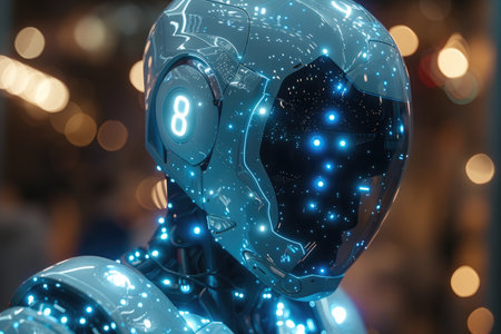 Close up of robot face with glowing lights inside. 3D renderingの素材