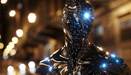 Digital composite of Futuristic robot with glowing lights in the night cityの素材